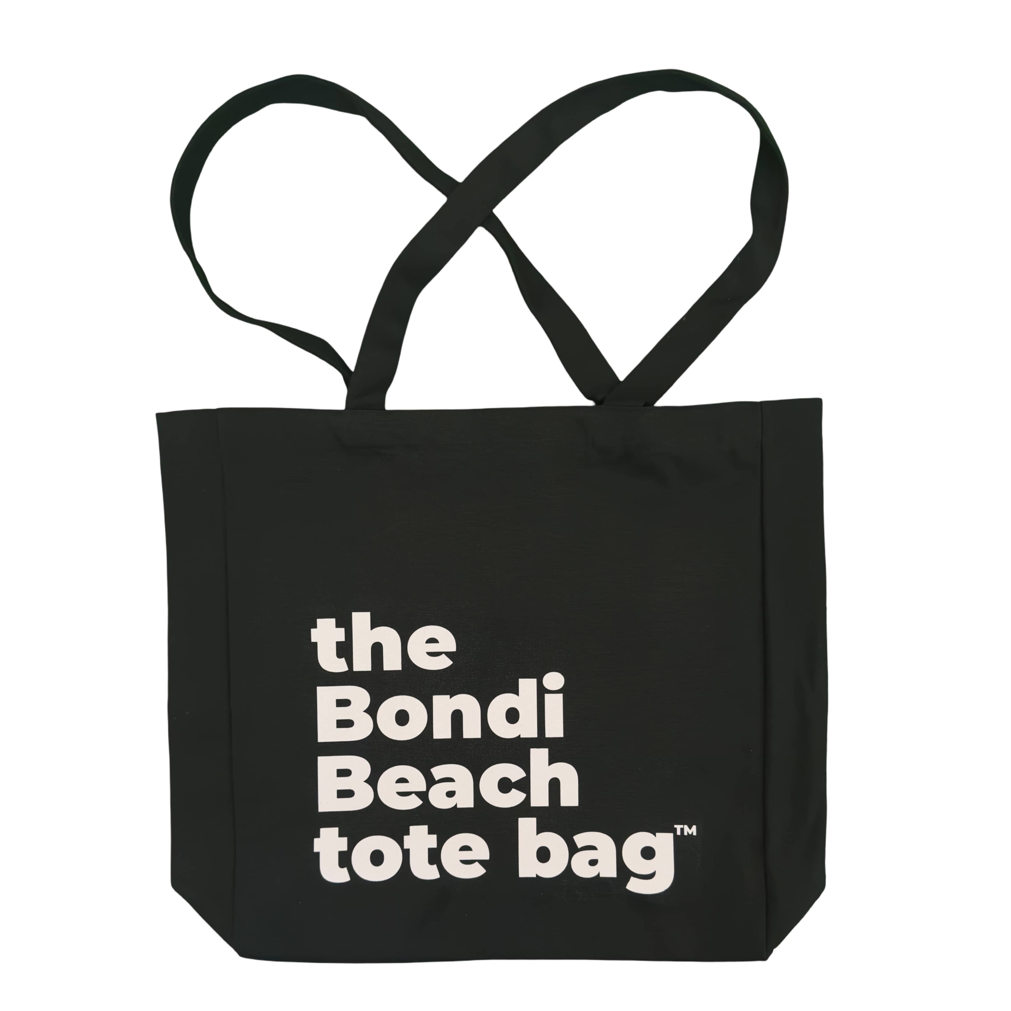 Black tote bag with 'the Bondi Beach tote bag' text on a white background