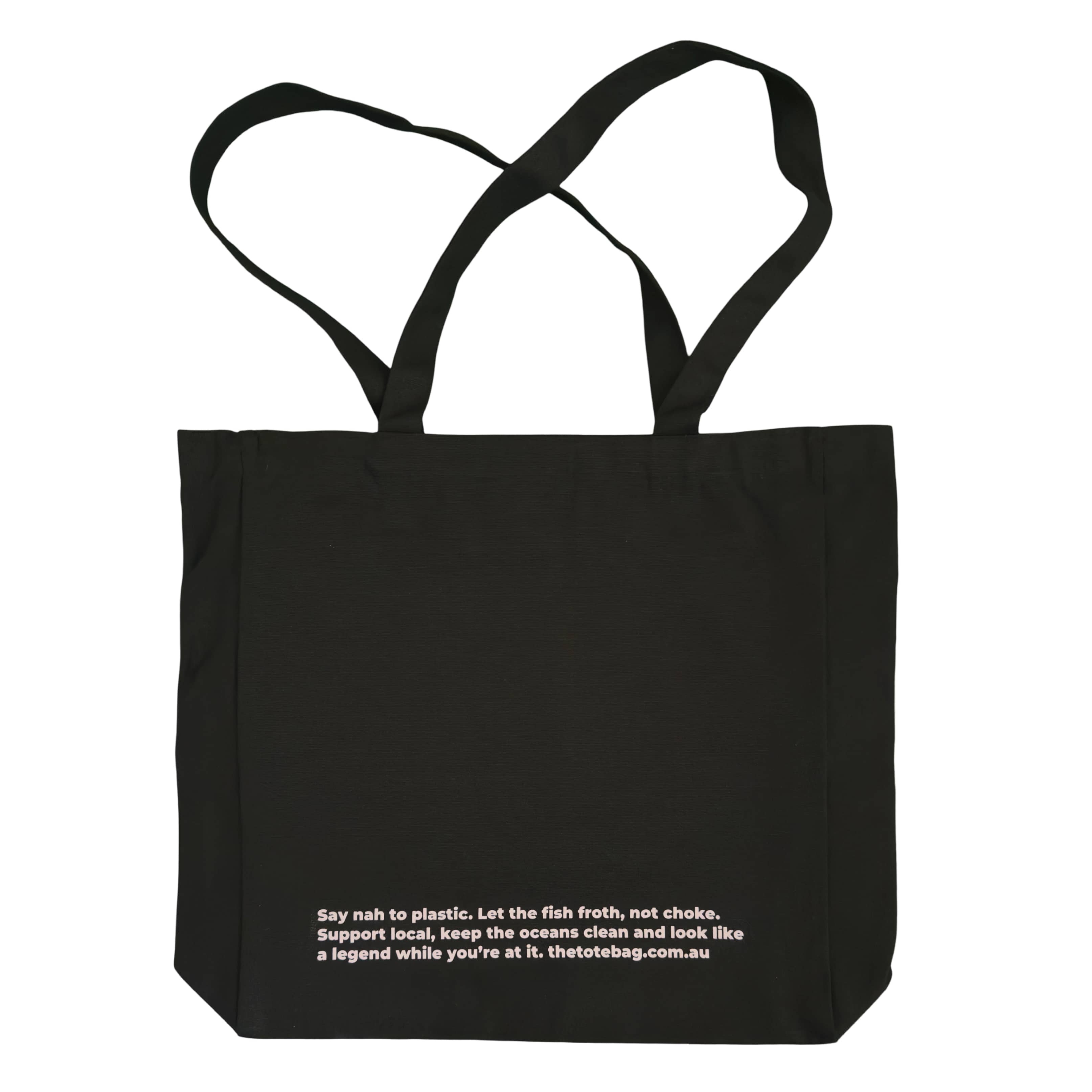 Black tote bag with soft pink text on a white background