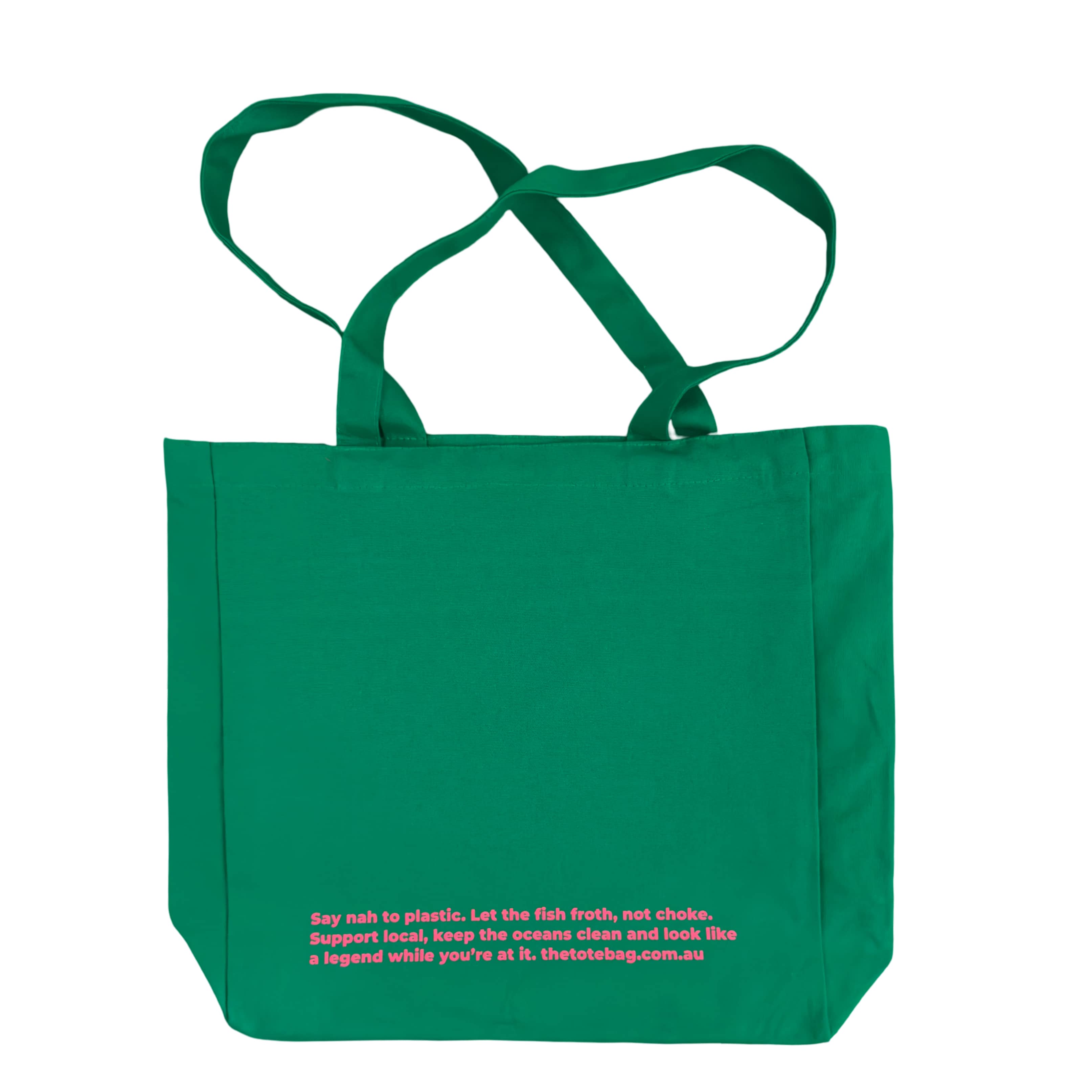 Green tote bag with pink text on a white background