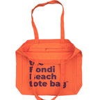 Orange tote bag with purple text on a white background