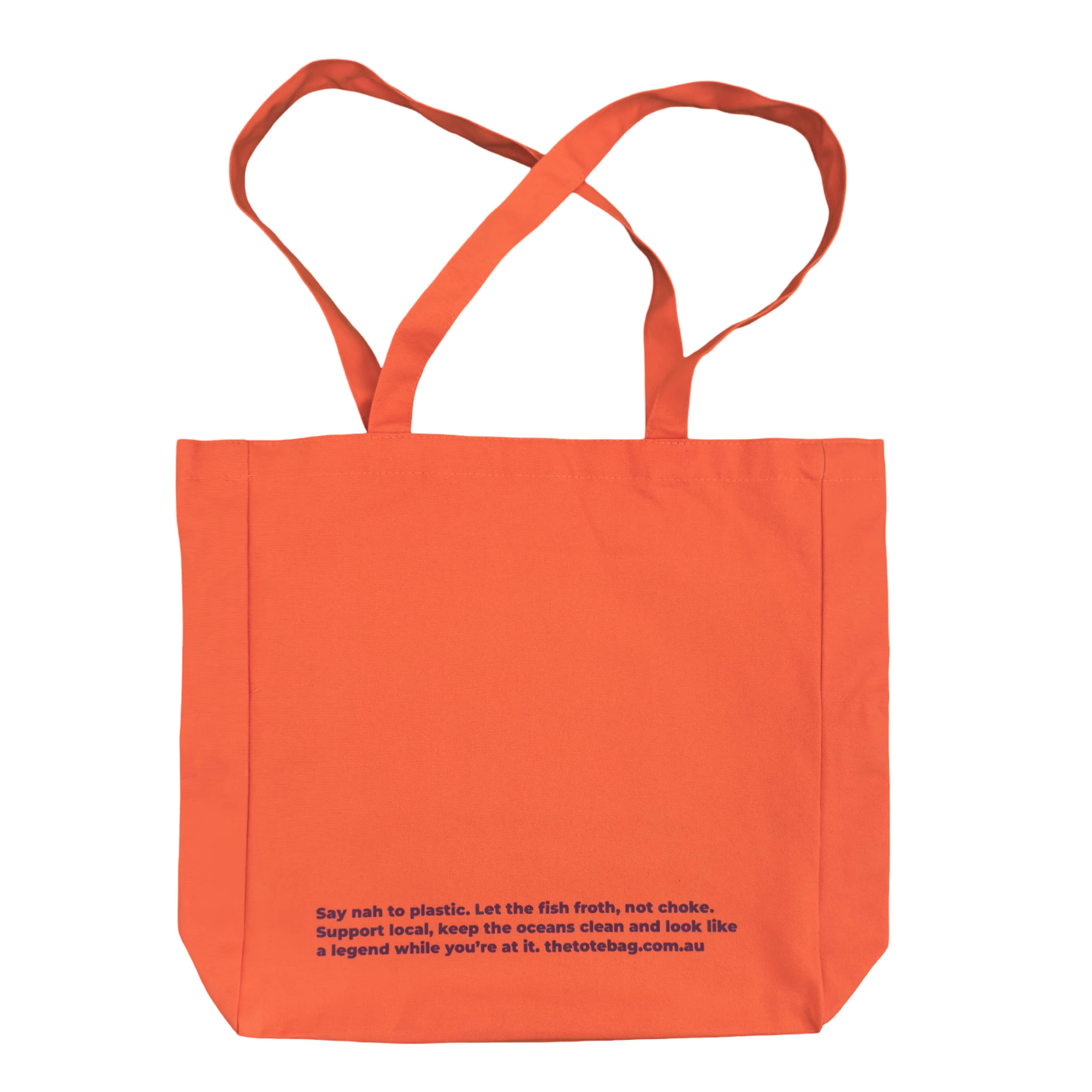 Orange tote bag with purple text