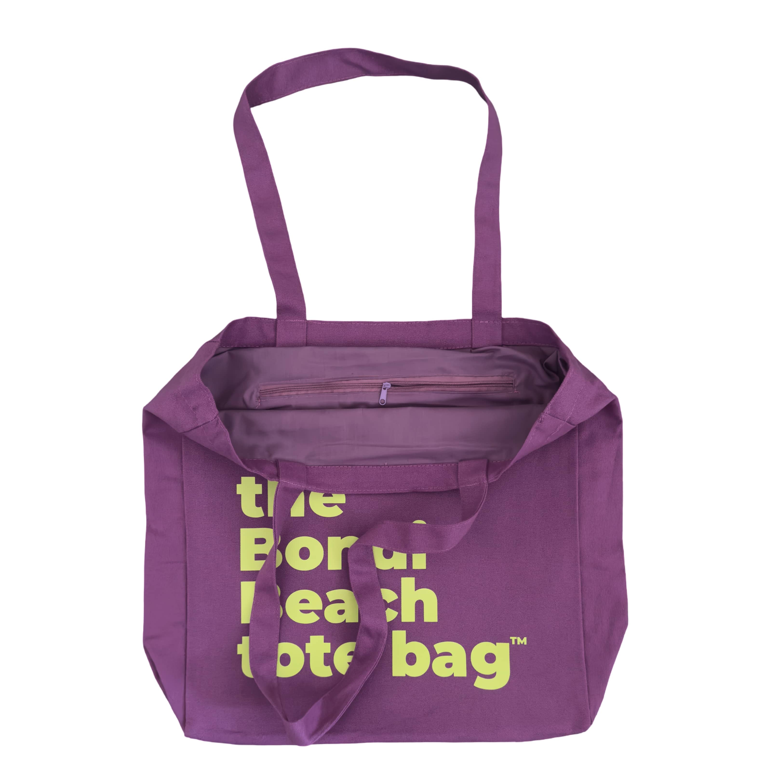 Purple tote bag with fluro green text