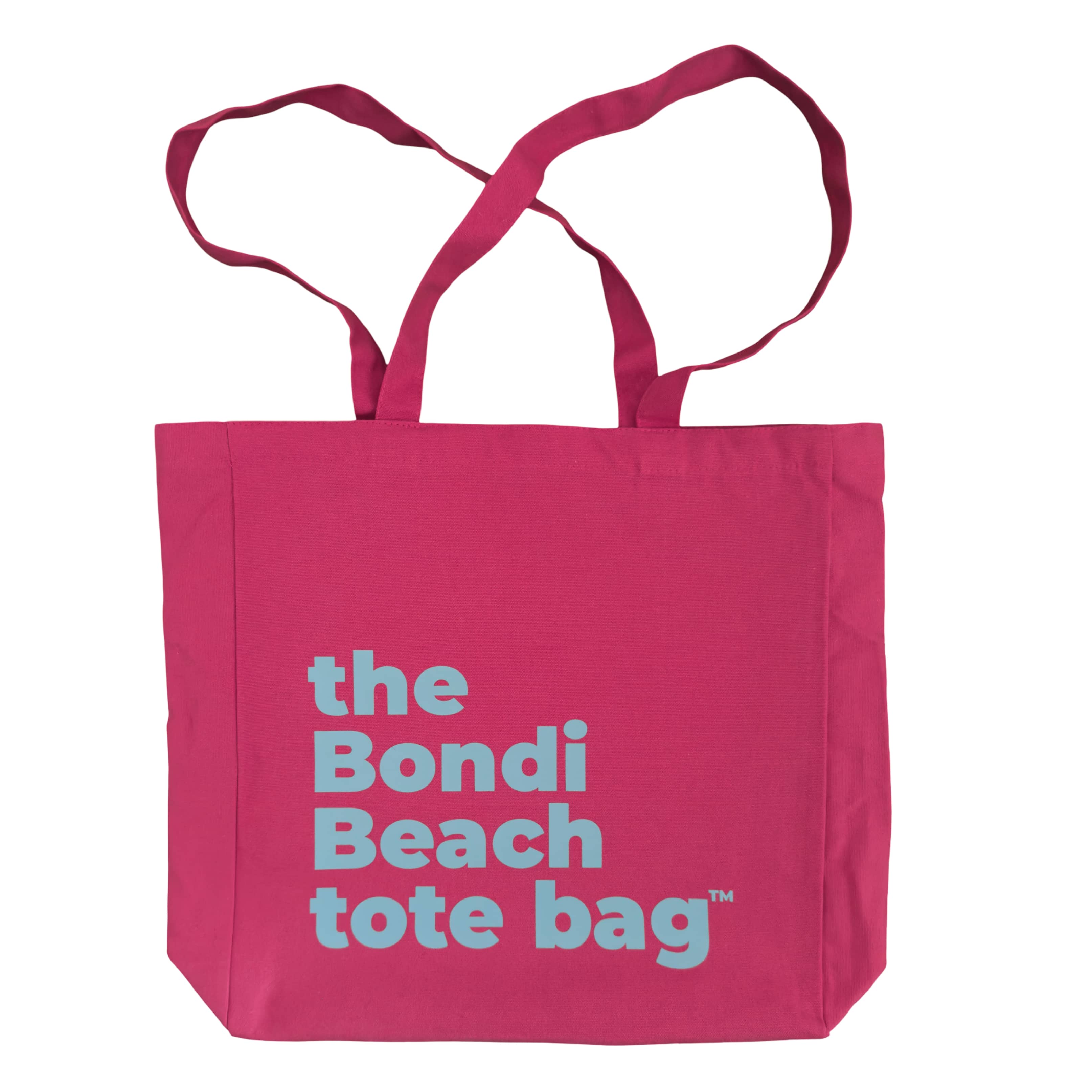 Pink tote bag with 'the Bondi Beach tote bag' text in aqua blue