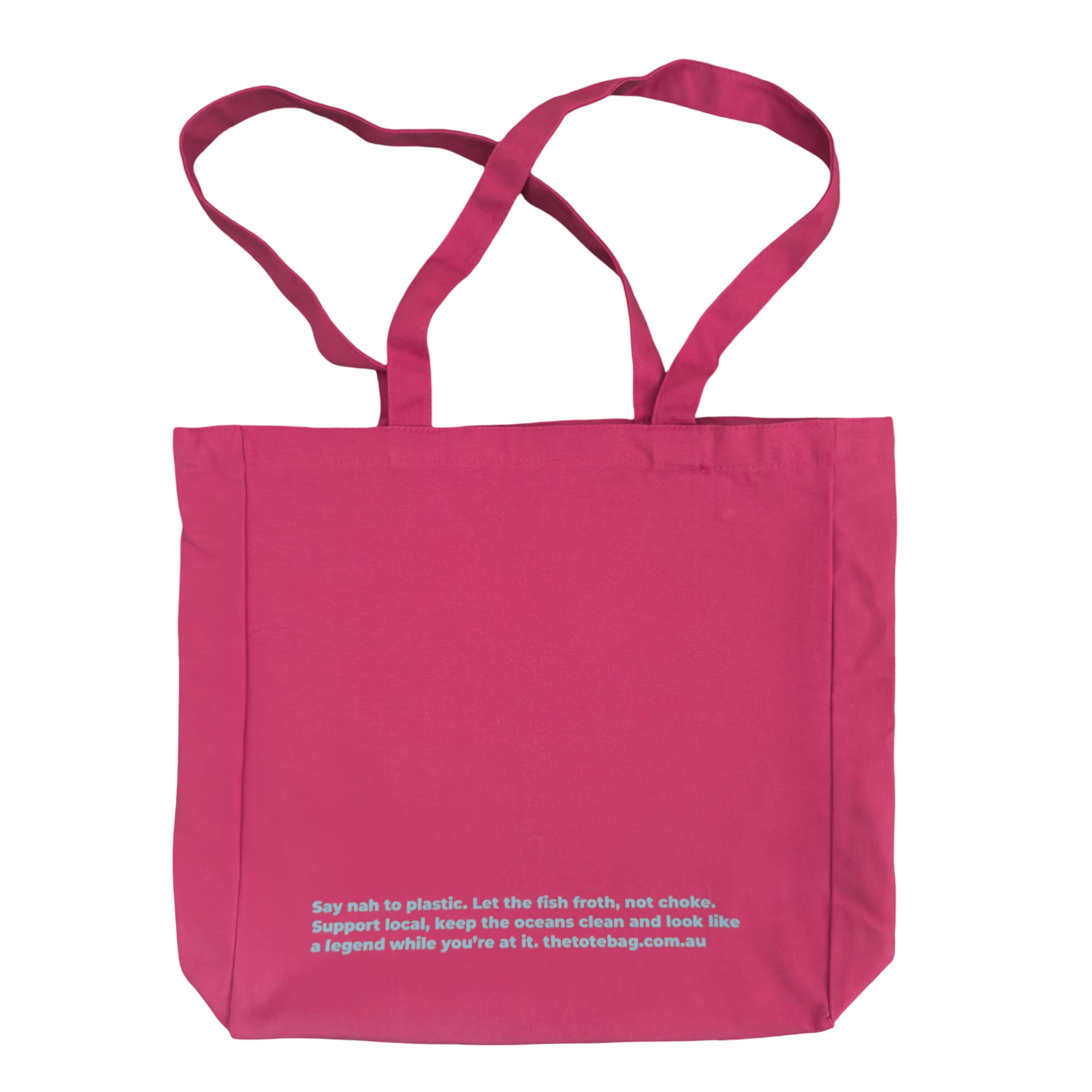 Pink tote bag with aqua blue text on a white background