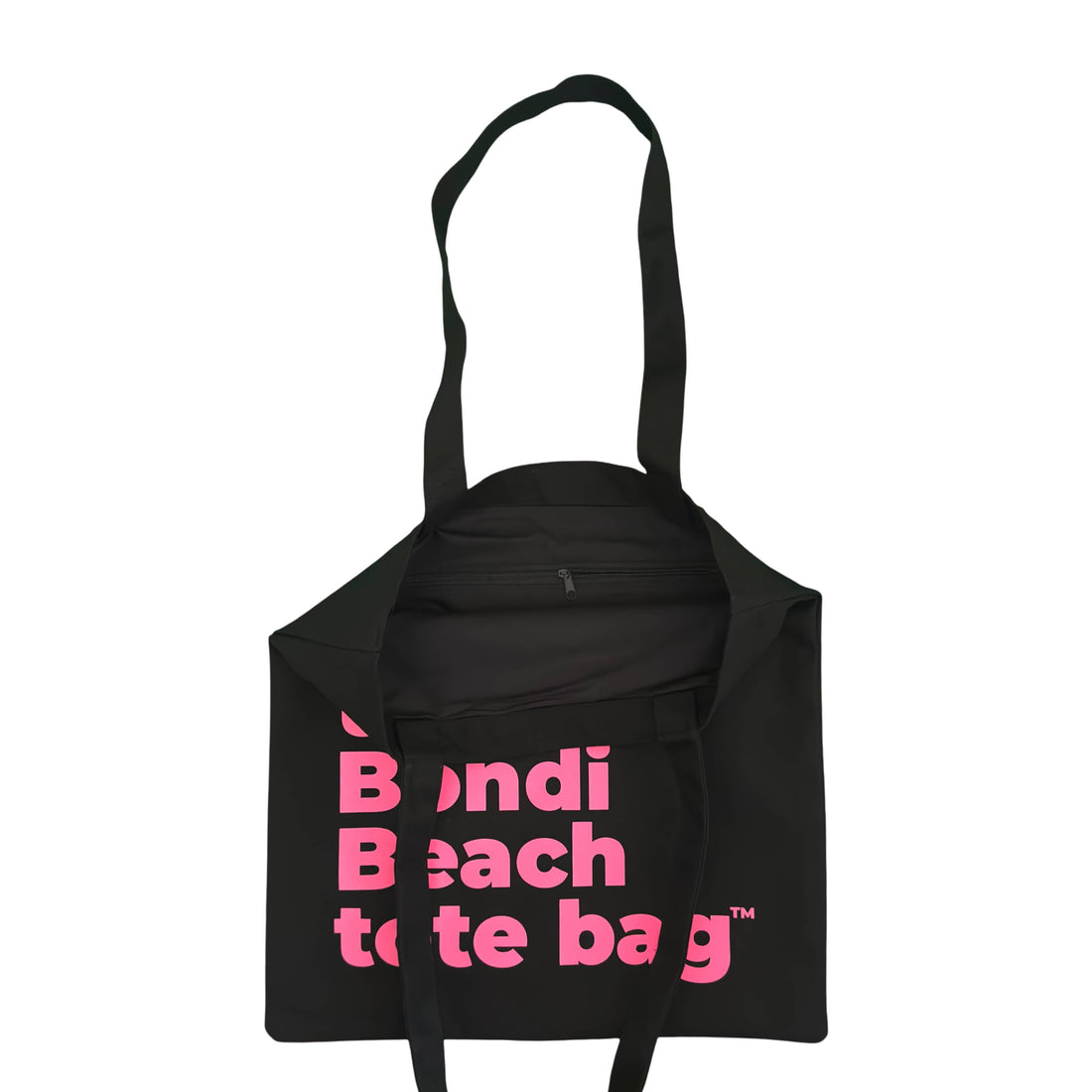 The Bondi Beach tote bag Little Bondi in black with fluro pink print open showing zip pocket and lining