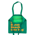Green tote bag with 'Bondi Beach tote bag' text in orange