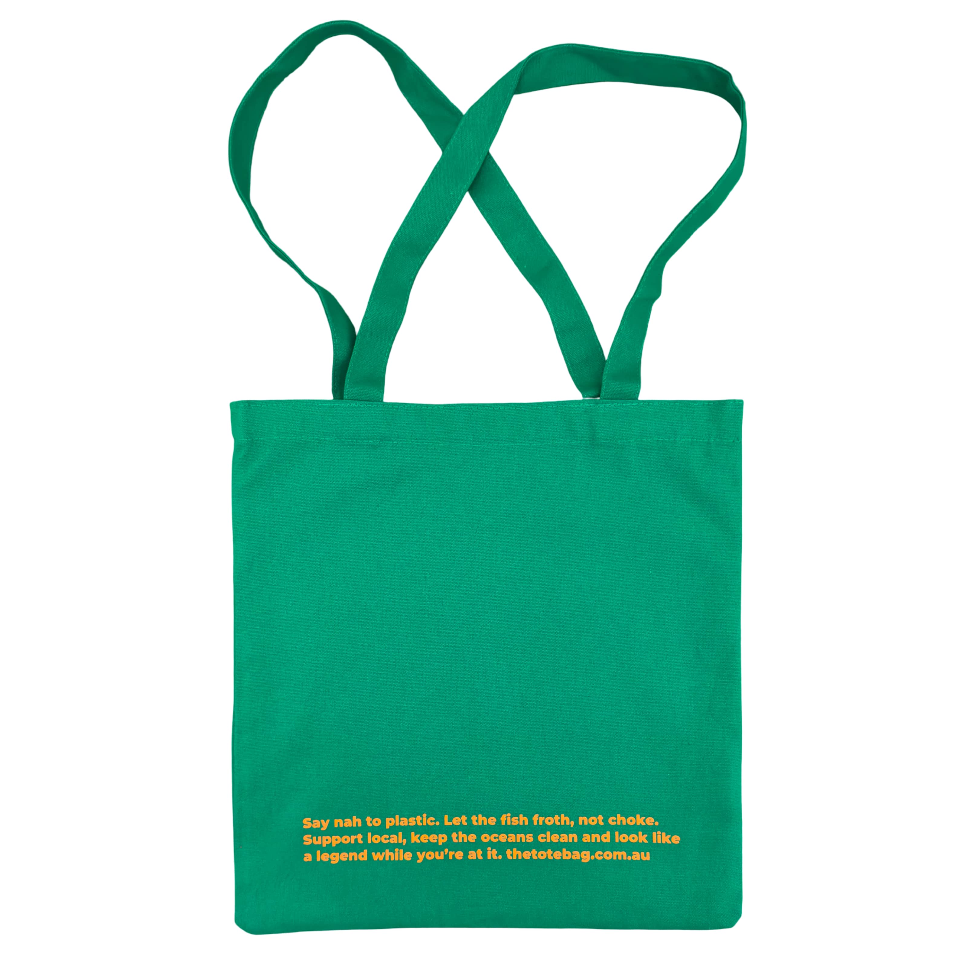 Green tote bag with peach orange text on a white background
