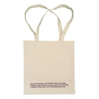 Beige tote bag with purple text on a white background