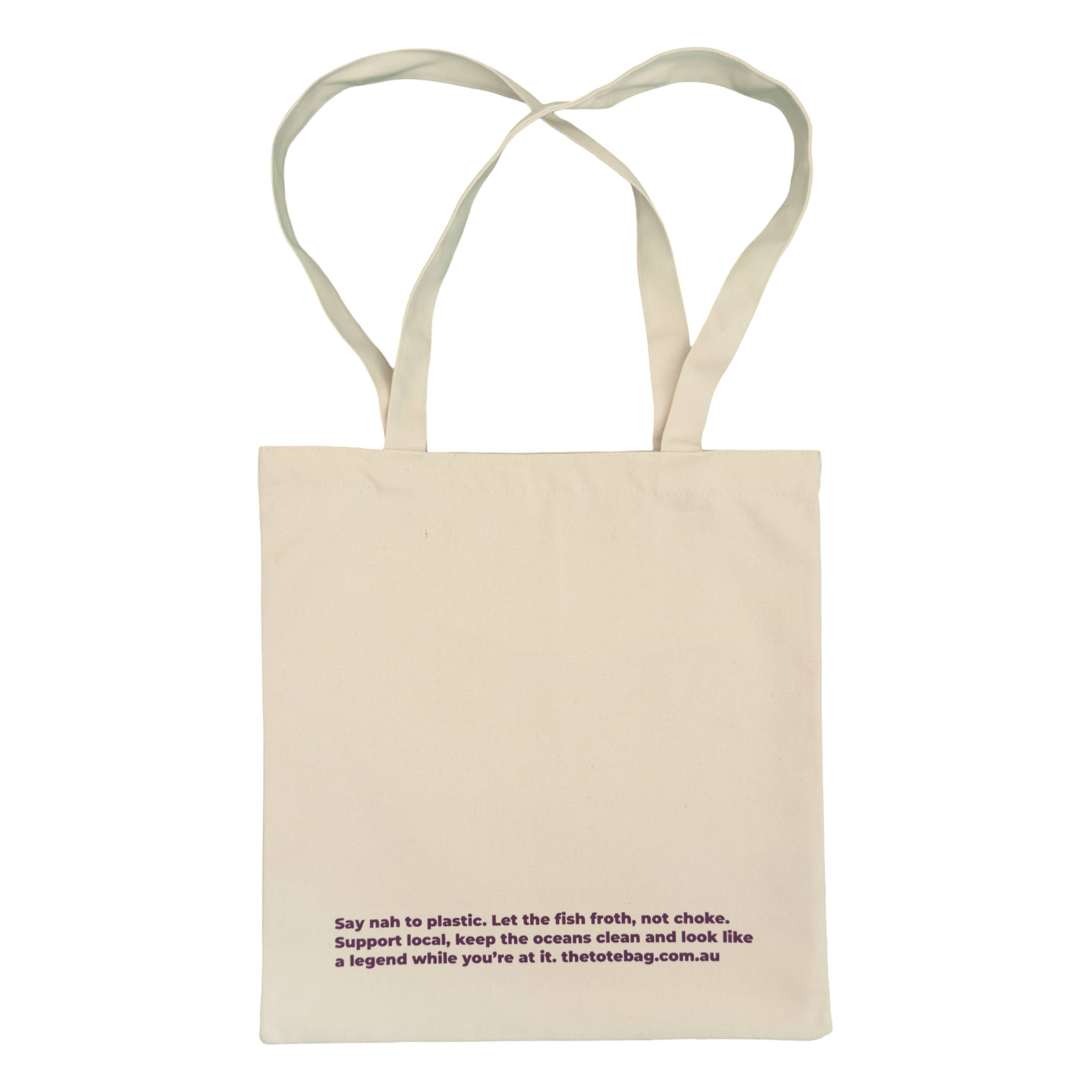 Beige tote bag with purple text on a white background