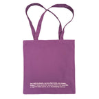 Purple tote bag with text in soft pink