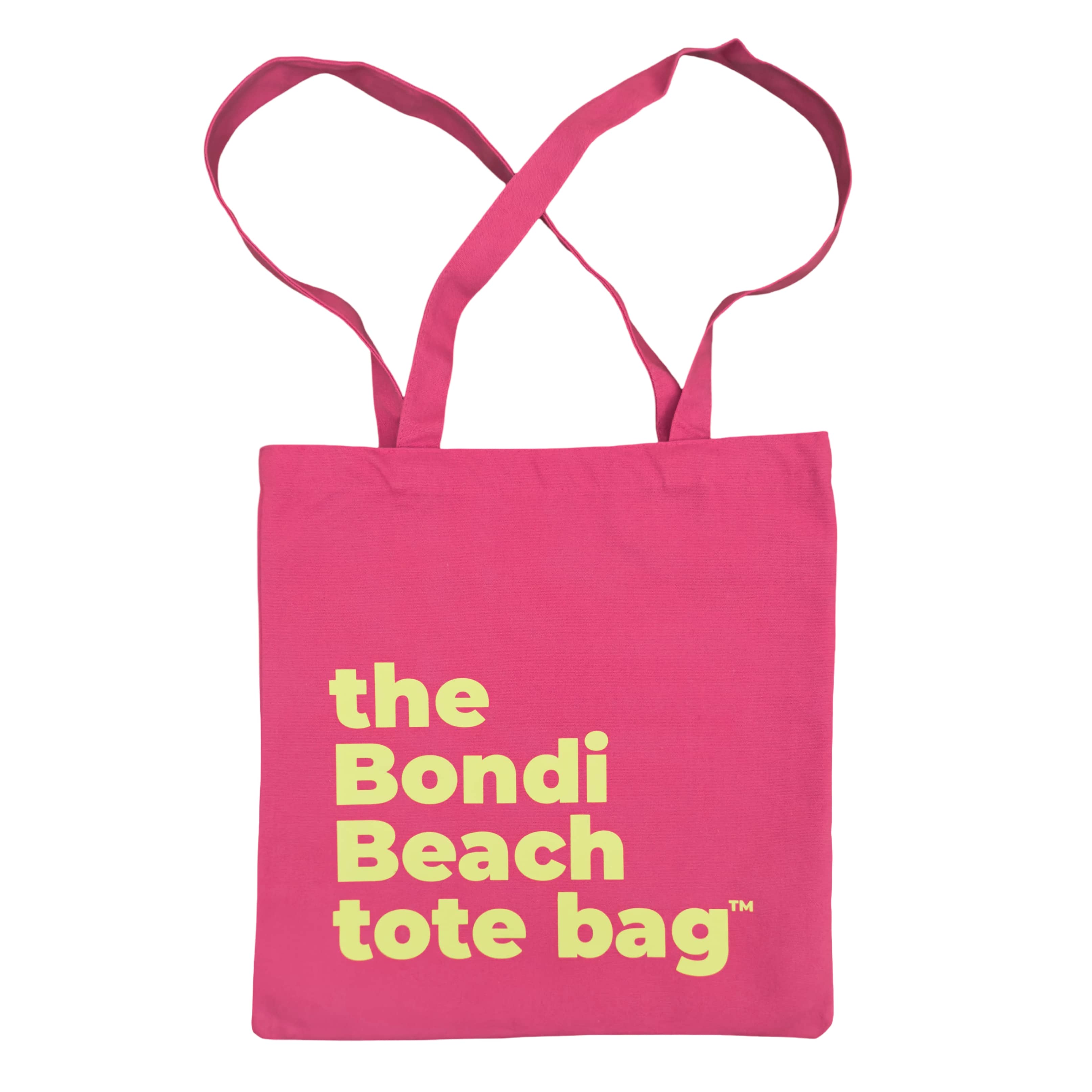 Pink tote bag with 'the Bondi Beach tote bag' text in fluro green
