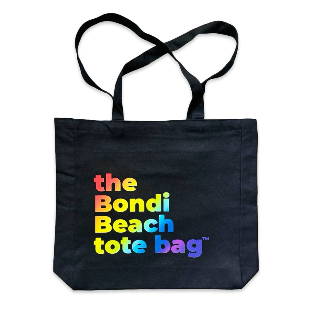 The Bondi Beach tote bag Big Bondi in black with rainbow print flatlay closed showing structured canvas