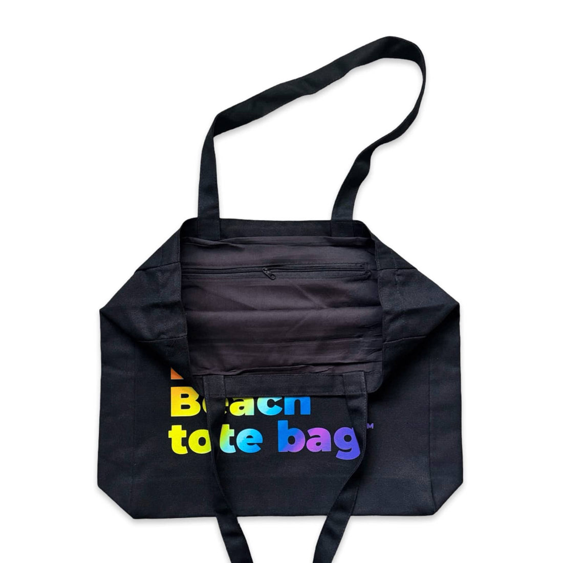 The Bondi Beach tote bag Big Bondi in black with rainbow print open showing zip pocket and lining