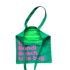 The Bondi Beach tote bag Little Bondi in green with pink print open showing zip pocket and lining