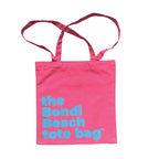 The Bondi Beach tote bag Little Bondi in pink with blue print flatlay closed showing slim durable canvas