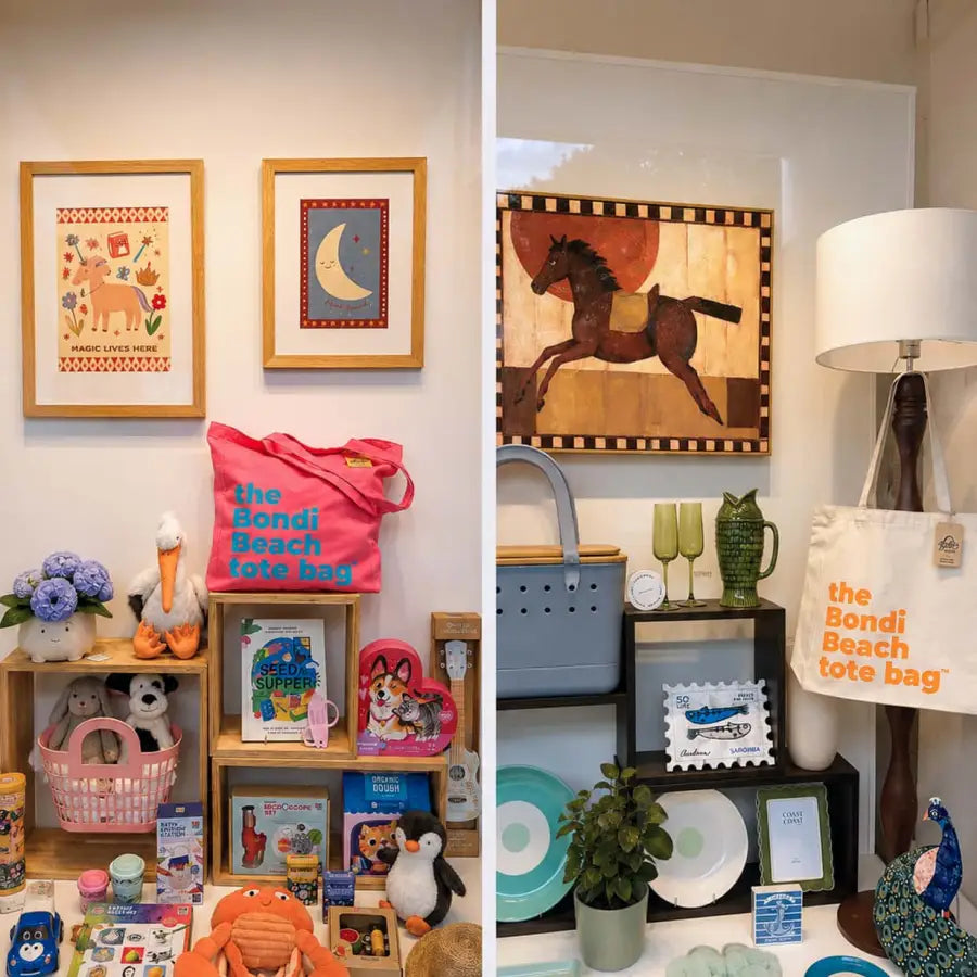 Inside Abode, the pink and natural Better Totes on display